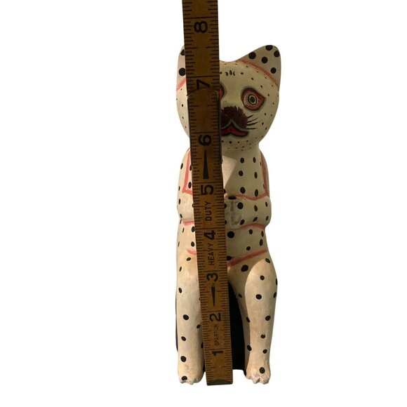 Wood Folk Art Polka Dot Cat Figurine With Red Details - Picture 6 of 6